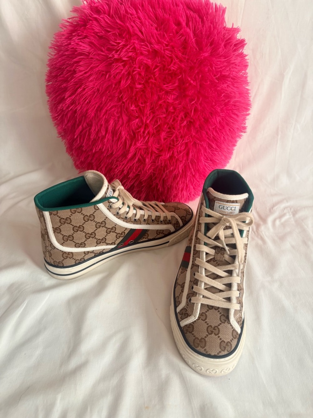 Gucci Women Beige GG Canvas High-Top Sneakers with Green and Red Trim